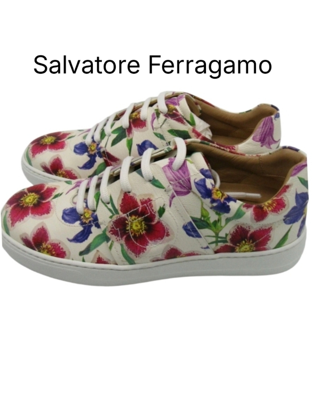 Salvatore Ferragamo Womens White Floral Leather Sneakers Sz 7.5 C Excellent Cond